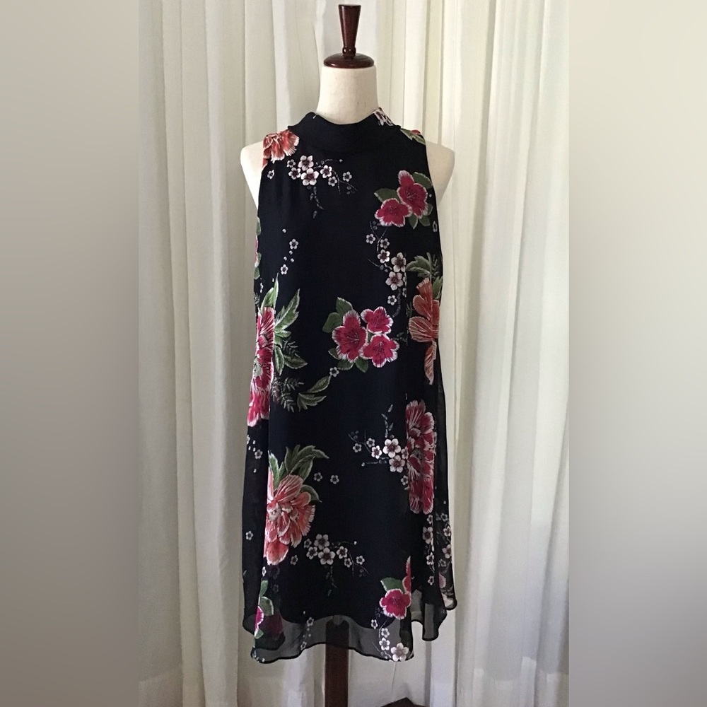 Women’s Robbie Bee A-Line Mock Neck Dress Size 10 Black/Pink Floral Breezy